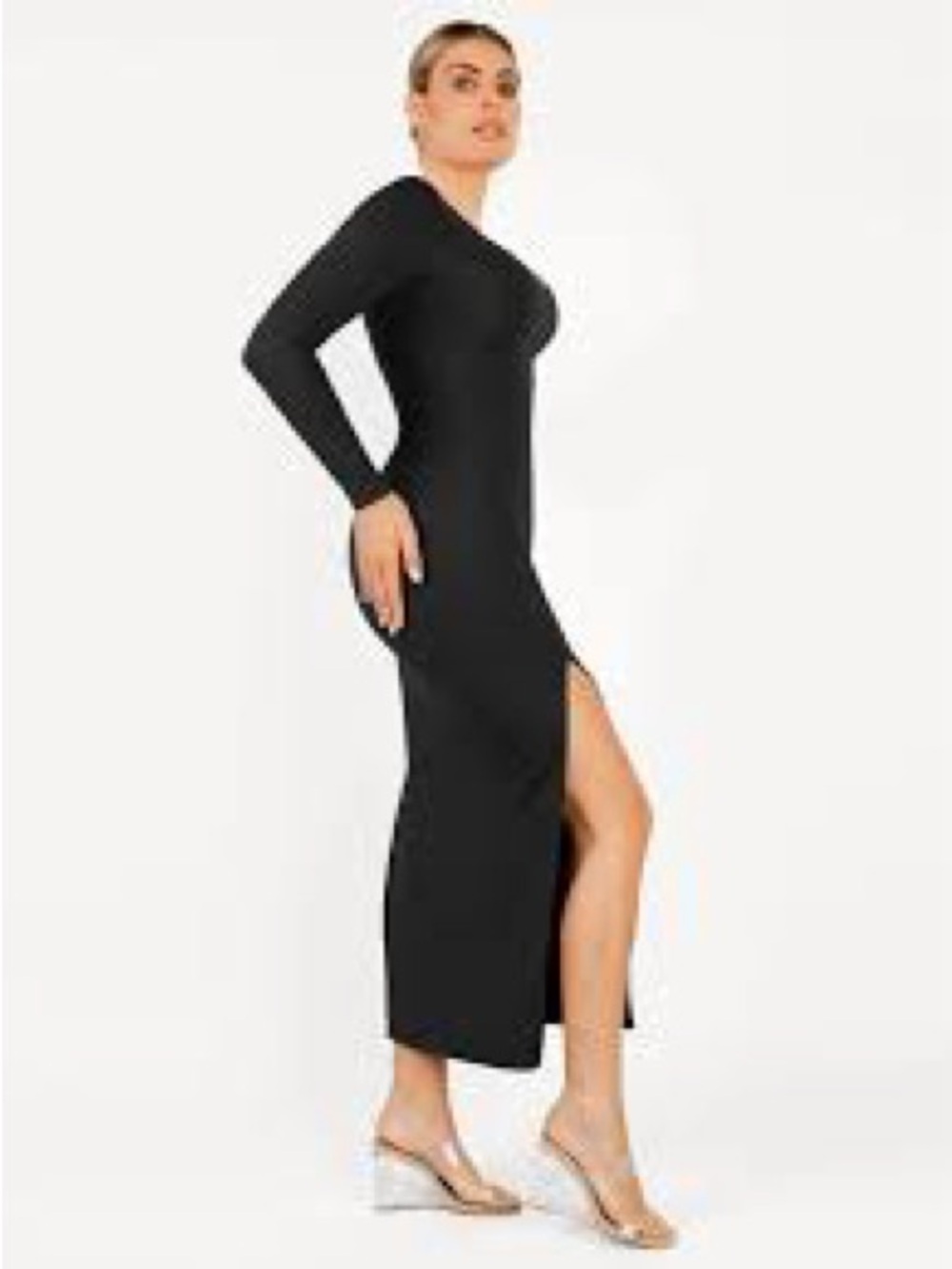 Popilush Long Sleeve Black Maxi Dress with High Side Slit